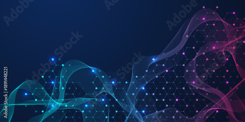 Molecular abstract structure and genetic engineering DNA. Healthcare and medicine background concept. Scientific research background. Wave flow. Innovation pattern. Vector illustration.