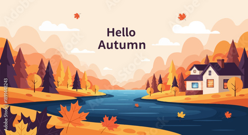 Cozy autumn landscape with a house by the water and falling leaves