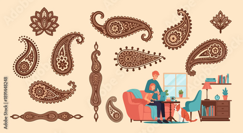 Cozy indoor scene with family and decorative paisley motifs