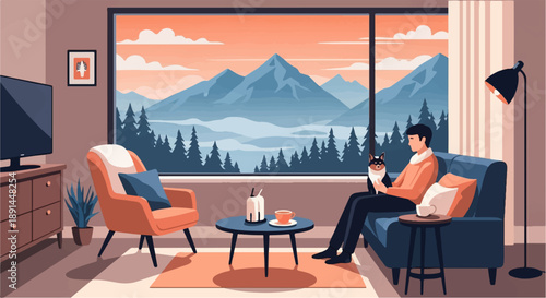 Cozy indoor scene with man, cat, mountains, and a serene sunset