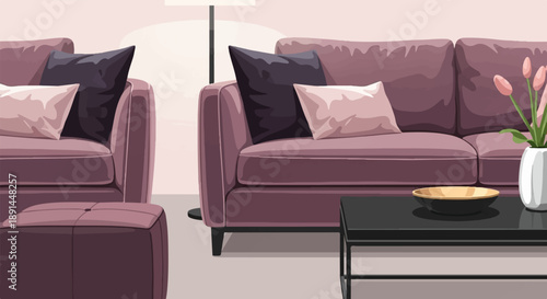 Cozy living room scene with plush sofas, cushions, and a floral arrangement