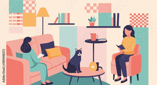 Cozy living room scene with two people, a dog, and a lamp