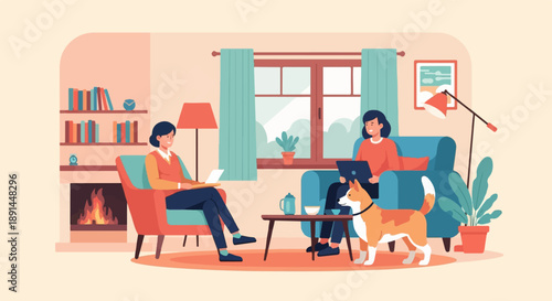 Cozy living room scene with two people and a dog working remotely