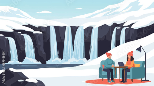 Couple working remotely in a snowy landscape with waterfalls
