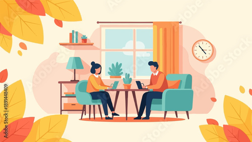 Couple working remotely at home with autumn leaves outside