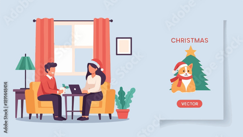 Couple working remotely during Christmas with a festive corgi illustration