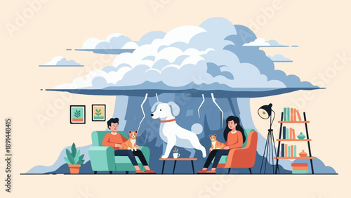 Cozy indoor scene with pets during a stylized storm