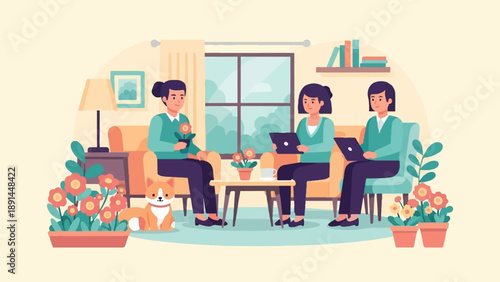 Cozy indoor scene with three people, a dog, and plants