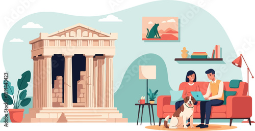 Couple with dog on sofa, ancient temple, and modern interior