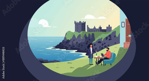 Couple working remotely at a castle overlooking the ocean