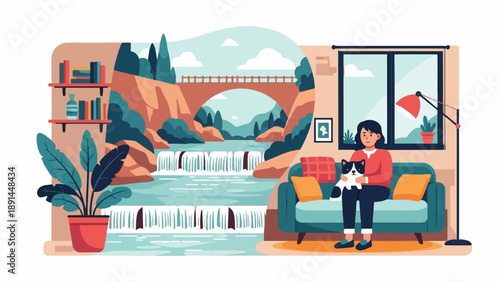 Cozy indoor scene with person and cat, overlooking a scenic waterfall landscape