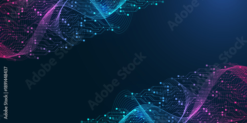 Modern technology circuit board texture background design. Quantum computer technologies concepts, large data processing. Futuristic blue circuit board background. Minimal vector motherboard