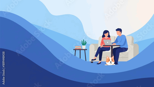 Couple with dog on couch using laptop, surrounded by wavy blue background