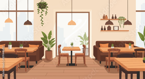 Cozy cafe interior with wooden tables, brown seating, and plants