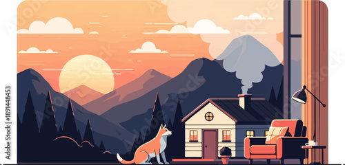 Cozy cabin scene with a dog and mountain sunset view from indoors