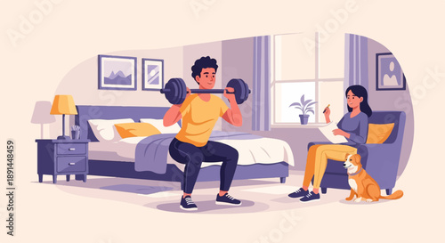 Couple working out and journaling at home with dog