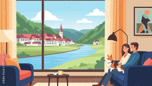 Couple with dog enjoy scenic river valley view from cozy living room