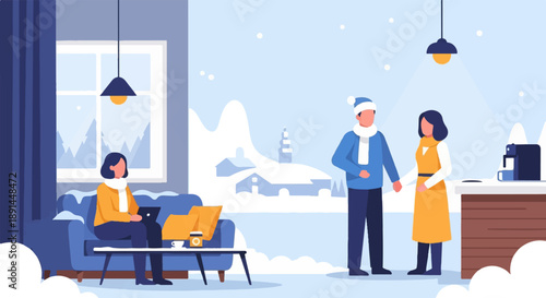 Cozy indoor winter scene with people working and standing near coffee maker