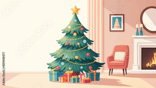 Cozy living room with a decorated Christmas tree and fireplace