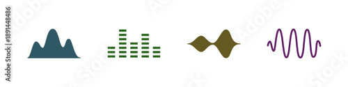 Colorful sound wave and equalizer icons. Minimal vector set of frequency and waveform illustrations