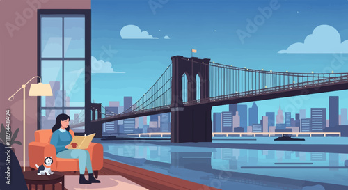 Cozy indoors reading by a large window overlooking a city bridge