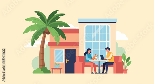 Couple with dog and laptop relaxing on sofa outside building with palm tree