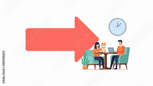 Couple with dog and laptop, large arrow pointing right