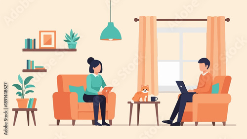 Couple relaxing at home with a dog and plants near a window