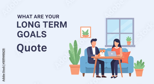 Couple with dog and laptop contemplating future goals