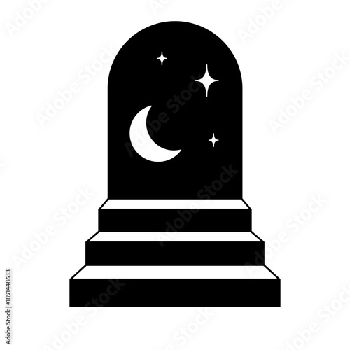 Minimal staircase to arched night portal with crescent moon and stars. Surreal dreamlike vector design in black and white.