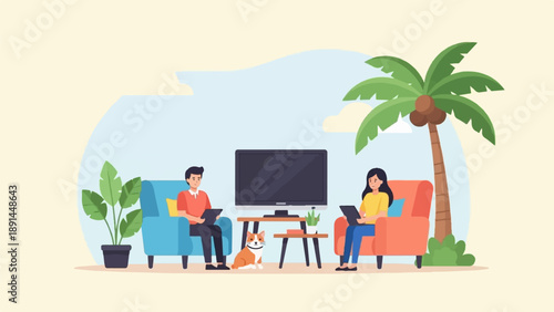 Couple relaxing at home with a pet, watching TV near a palm tree
