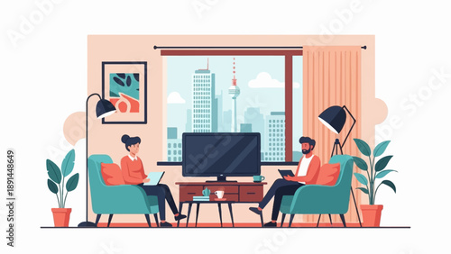 Couple relaxing at home with cityscape view and modern interior design