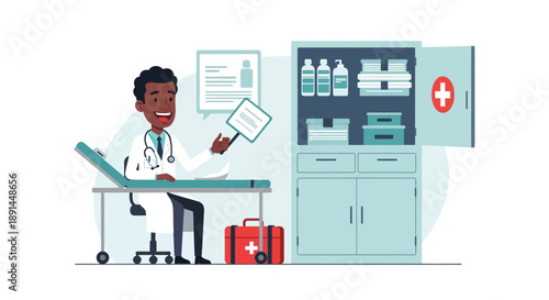 Smiling African American male doctor sitting in a clinic consultation room, surrounded by medical supplies and equipment. Professional healthcare vector illustration.