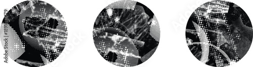 Textured circles vector set. Glitched social media templates . Trendy defect error shapes . Glitched frame .Grunge textured. Distressed effect. Shapes with a halftone dots screen print texture. 
