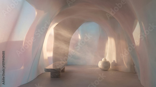 Abstract background with soft sculptural arches and light rays
