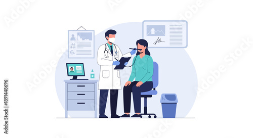 Doctor Examining Patient's Throat with Medical Scope in Clinic Office. Routine Healthcare Check-up and Diagnosis. Vector Illustration.