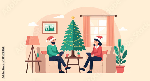 Couple in santa hats with tablets by Christmas tree in living room