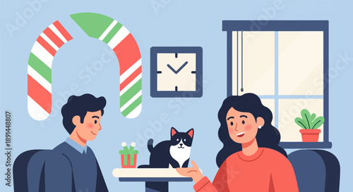 Couple with cat and gift under candy cane arch near window