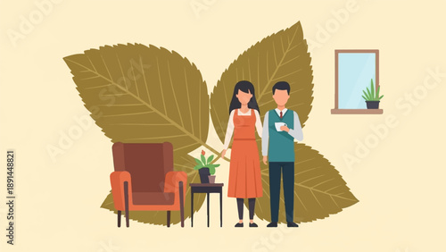 Couple with armchair, plant, and window in front of large leaves