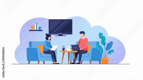 Couple relaxing in a living room, one works on laptop, other reads