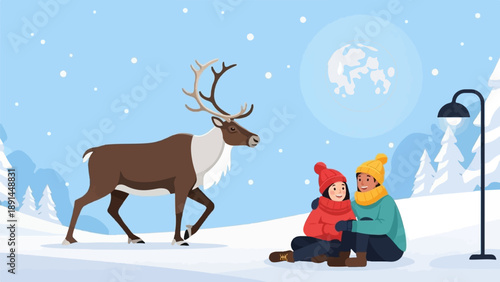 Couple in winter wonderland with reindeer under moonlit sky