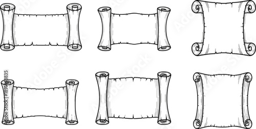 Six hand drawn black and white parchment scroll banners with torn edges and rolled ends