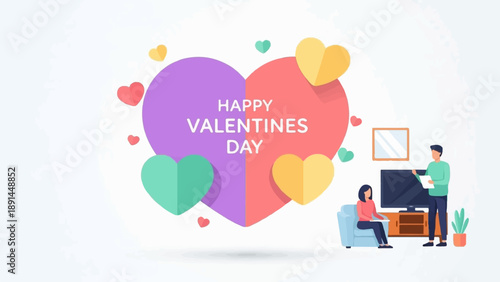 Couple indoors celebrating Valentines Day with heart decorations and television