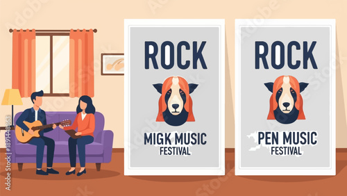 Couple indoors playing guitar near rock concert posters featuring a dog