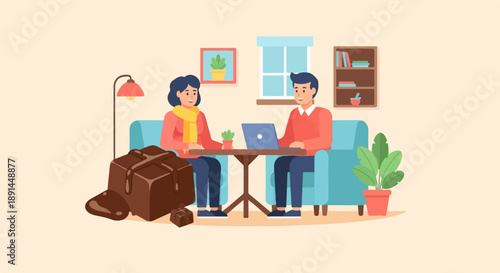 Couple interacting with laptop near chocolate, cozy home setting