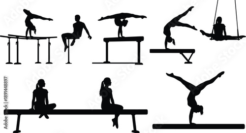 Silhouette set of female gymnasts performing artistic gymnastics exercises on balance beam, bars, and rings, showcasing strength, flexibility, and athletic training