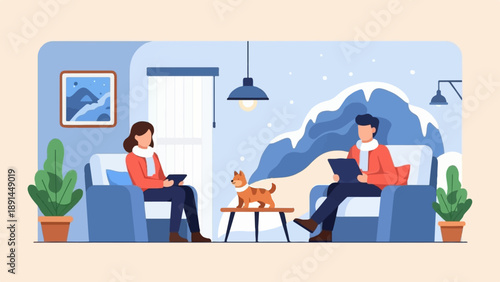 Cozy interior scene with a dog and two people using tablets, winter mountains outside
