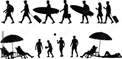 Silhouettes of people traveling and relaxing on the beach with surfboards luggage and umbrellas