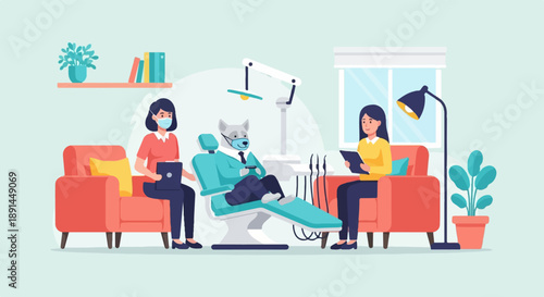 Animal patient wearing mask visits dental clinic with two staff