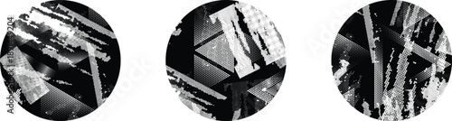 Textured circles vector set. Glitched social media templates . Trendy defect error shapes . Glitched frame .Grunge textured. Distressed effect. Shapes with a halftone dots screen print texture. 